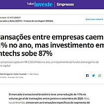 Transaes entre empresas caem 11% no ano, mas investimento em fintechs sobe 87%